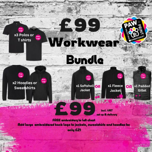 Promotional image of a workwear bundle with black clothing items and a brick wall background.