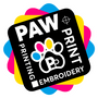 PAW Print Embroidery logo with colorful paw print design on a black background